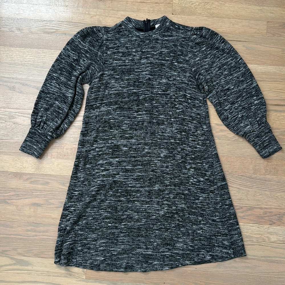 LOFT Black Melange Puff-Sleeve Short Sweater Dress Small